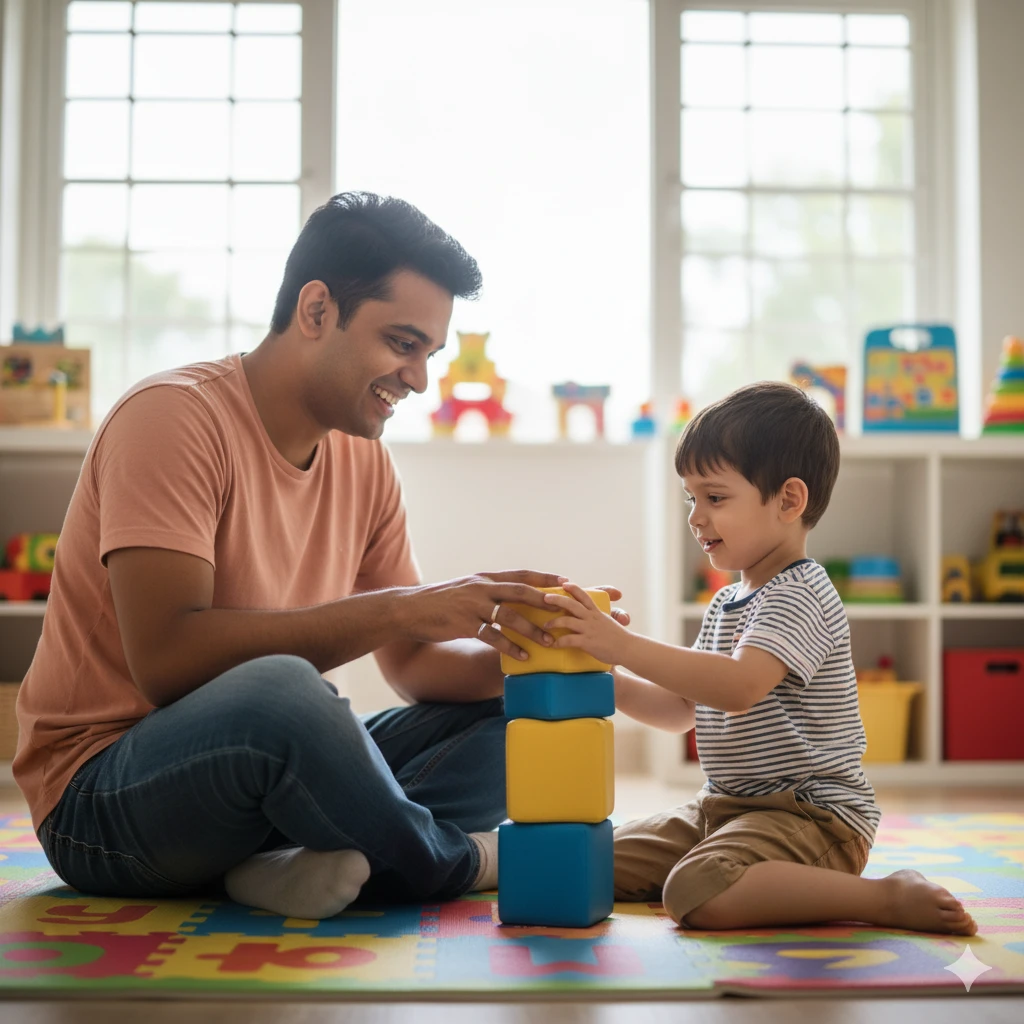 Father and child engaging in Floortime therapy in Mumbai, building emotional connections through play with blocks