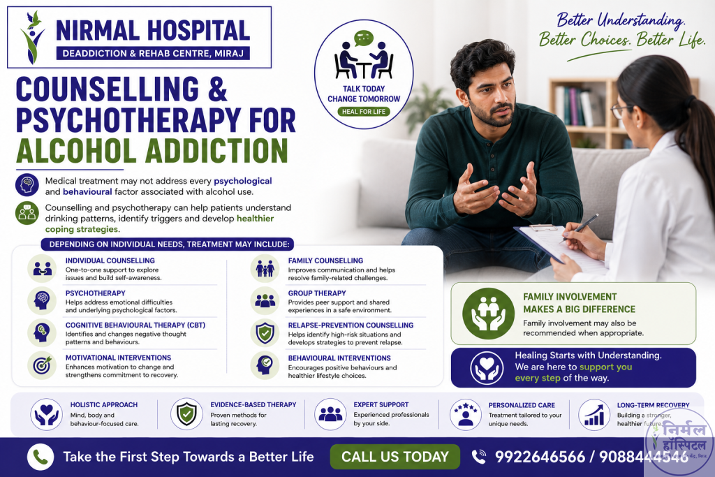 Trusted Alcohol Addiction Treatment Near Me | Nirmal Hospital Counselling & Psychotherapy for alcohol addiction